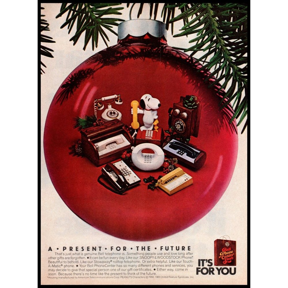 1981 Bell Phone Center Store Vintage Print Ad Christmas Tree Ball Snoopy Art